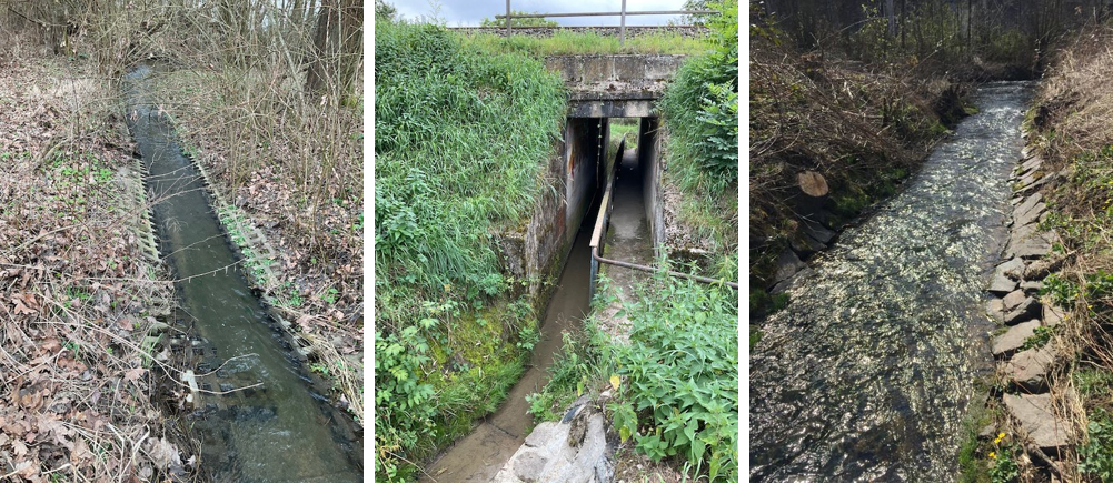 Drei Bilder zeigen mit Steinen und Beton stark verbaute Bäche