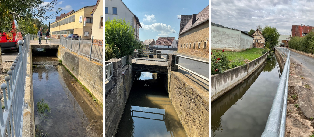 Drei Bilder zeigen Defizite von Bächen durch starke Verbauung innerorts auf.