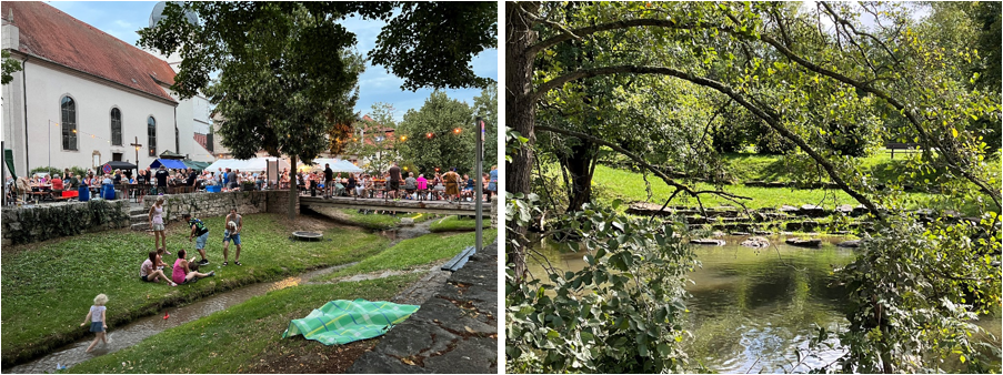 Zwei Bilder: Ein Dorffest am Bach auf der linken Seite, ein Bach mit Sitzmöglichkeiten aus Stein auf der rechten Seite