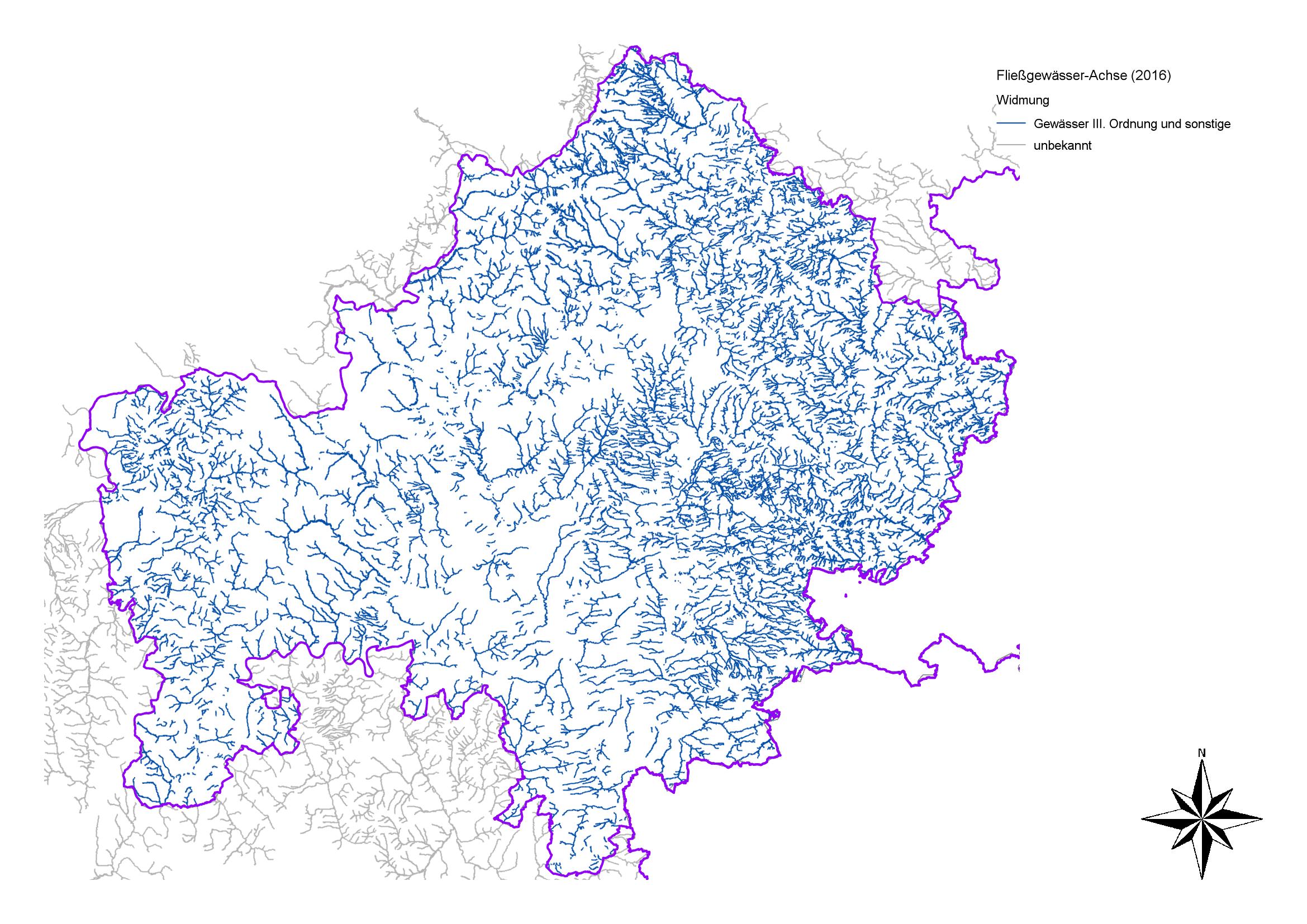 Die Karte zeigt die kleinen Fließgewässer, die so genannten Gewässer 3. Ordnung, in Unterfranken.