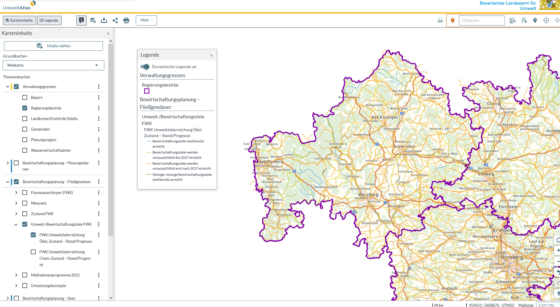 Screenshot des Umweltatlas Bayern. Die Karte zeigt die voraussichtliche Erreichung eines guten ökologischen Zustands für die Fließgewässer in Unterfranken. Der überwiegende Anteil der Gewässer wird einen guten ökologischen Zustand voraussichtlich erst nach 2027 erreichen.